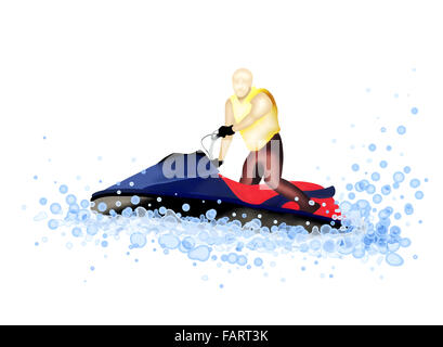 Hand Drawing, Man Riding A Jet Boat Blasting Through A Wave on A Nice Summer day Stock Photo