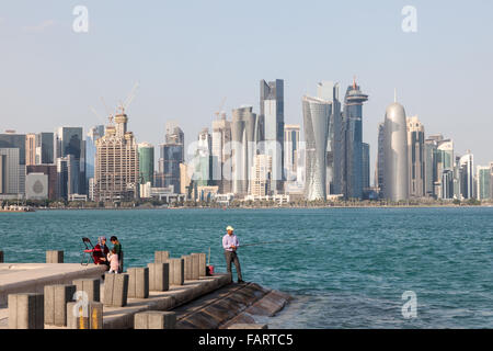 Hobby fisherman at the Doha corniche, Qatar Stock Photo