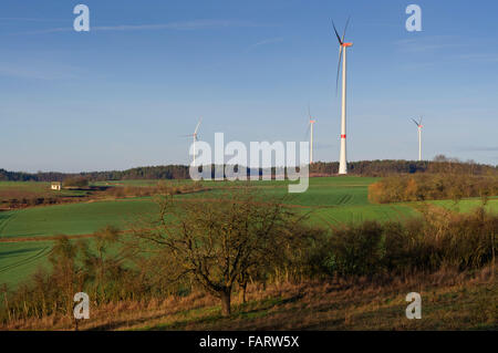 Wind turbines on the edge of Steigerwald, Franconia, Bavaria, Germany.