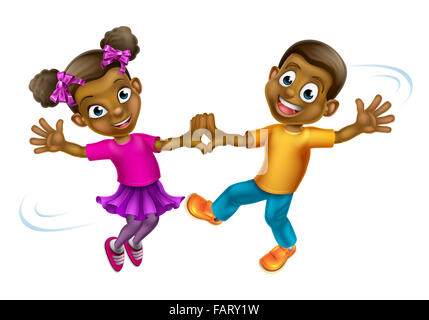 Two young cartoon children dancing Stock Photo