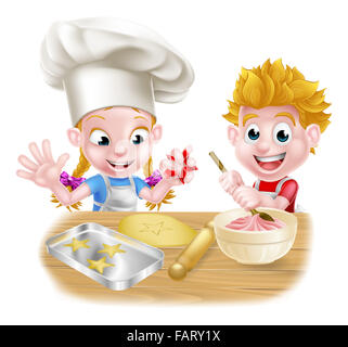Cartoon children baking and cooking as chefs in the kitchen Stock Photo