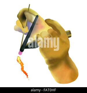 Hand Drawing of Welder Using Welding Tools with Protective Glove Working at His Work Place, Isolated on White Background Stock Photo