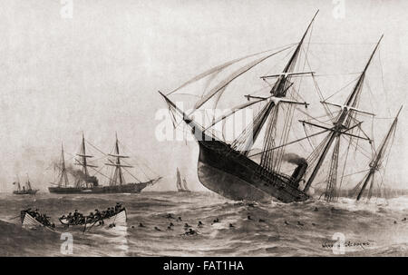 The Sinking of CSS Alabama during The Battle of Cherbourg, or the Battle off Cherbourg.  Single-ship action fought during the American Civil War between a United States Navy warship, the USS Kearsarge, and a Confederate States Navy warship, the CSS Alabama, on June 19, 1864, off Cherbourg, France. Stock Photo