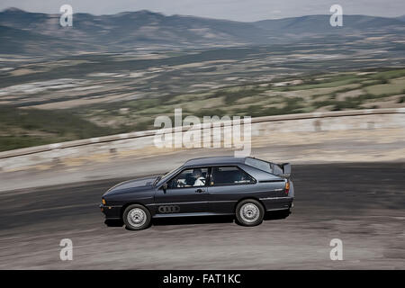 1982 Audi Quattro Coupe driving on mountain roads in the French Alps Stock Photo