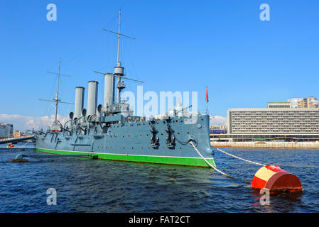 Saint-Petersburg, Russian cruiser Aurora is a museum and landmark, built in 1900, moored on the Neva River Stock Photo