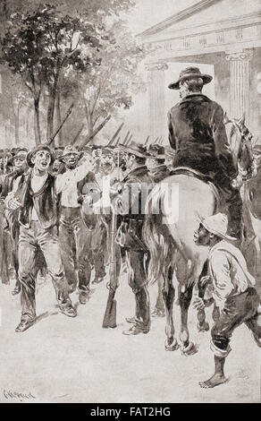 A Civil War scene in Little Rock, Arkansas, United States of America.  Volunteer soldiers cheer their officer as they march through the streets of town. Stock Photo