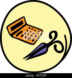 Office Supply, A Cartoon Illustration of Calculator and Scissors Icon in Yellow Circle Frame Stock Vector