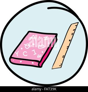 Office Supply, A Cartoon Illustration of Lovely Pink Book and Ruler Icon in Light Blue Circle Frame Stock Vector