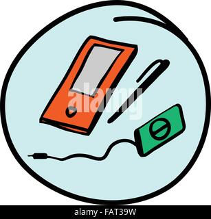 Office Supply, A Cartoon Illustration of Technological Gadgets and Digital Pen in Light Blue Circle Frame Stock Vector