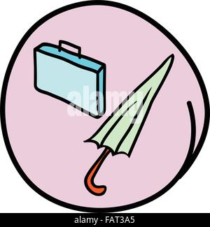 A Cartoon Illustration of A Blue Briefcase and Light Green Umbrella in Purple Circle Frame Stock Vector