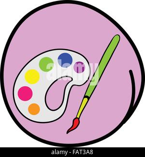 Fine Art Tools , A Cartoon Illustration of Artist Palette and Paintbrush Icon in Pink Circle Frame Stock Vector