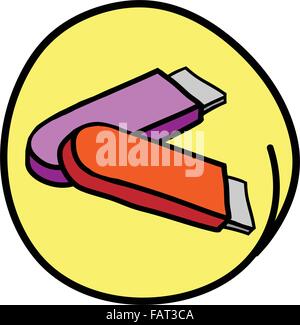 Office Supply, A Cartoon Illustration of Orange and Purple Colors Flash Drive or Thumb Drive in Yellow Circle Frame Stock Vector