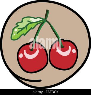 Fresh Fruits, A Cartoon Illustration of Three Sweet Cherries with Stem and Leaf in Brown Circle Frame Stock Vector