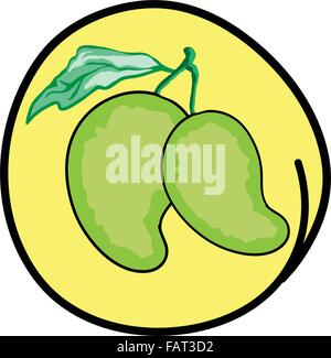 Fresh Fruits, A Cartoon Illustration Bunch of Two Fresh Green Mangoes with Stem and Leaf in Yellow Circle Frame Stock Vector
