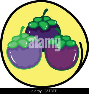 Fresh Fruits, A Cartoon Illustration Three Fresh Mangosteen in Yellow Circle Frame Stock Vector