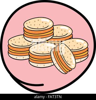 Food and Bakery, A Cartoon Illustration Stack of Fresh Macaroons Icon in Pink Circle Frame Stock Vector