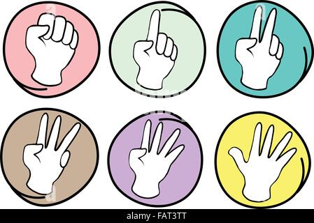 Hand Sign, Cartoon Illustration of A Collection of Hands Counting Zero to Five in Circle Frame Stock Vector