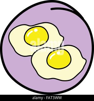 Breakfast, A Cartoon Illustration of Two Sunny Side Up Fried Eggs Icon in Purple Circle Frame Stock Vector