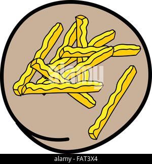 Fast Food, A Cartoon Illustration of A Golden Pile of French Fries Icon in Brown Circle Frame Stock Vector