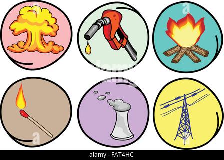 Cartoon Illustration of The Different Types of Energy, Heat, Electricity, Gasoline and Nuclear Power in Circle Frame Stock Vector