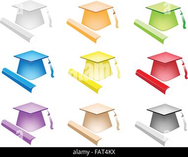 An Illustration Collection of Graduation Hat or Mortar Board and Certificate of Degree in Nine Assorted Colours, for Students Ce Stock Vector