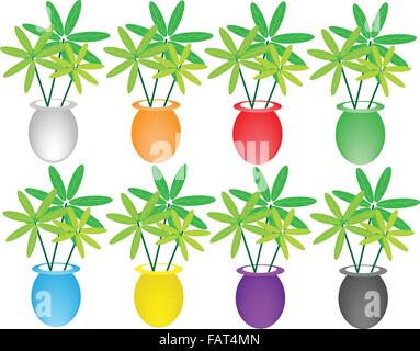 An Illustration Collection of Beautifu Green Tree in Flower Pot in Eight Assorted Colours Stock Vector