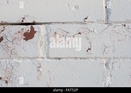Detail of white cracked and peeling paint on a red brick wall