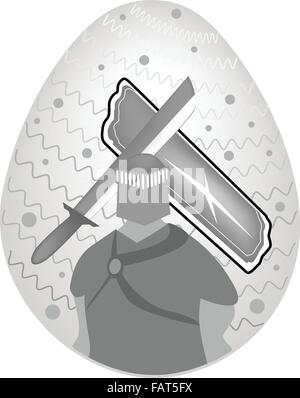 A Medieval Knight with Sword and Shield Painted on Traditionally Easter Egg Background Stock Vector