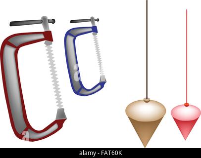 An Illustration Collection of Hand Tools for Construction, Plumb Bobs And Line with Clamps Stock Vector