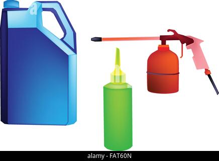 An Illustration of Various Size of Engine Oil or Motor Oil Packaging in Oil Can, Big Bottle and Small Bottle for An Engineering Stock Vector