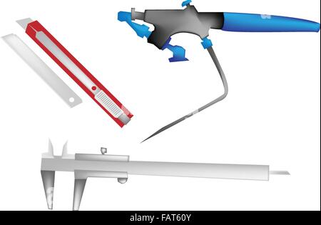 Illustration of A Blue Airbrush Painting, A Red Utility Knife and A Silver Vernier Caliper Isolated on White Background Stock Vector