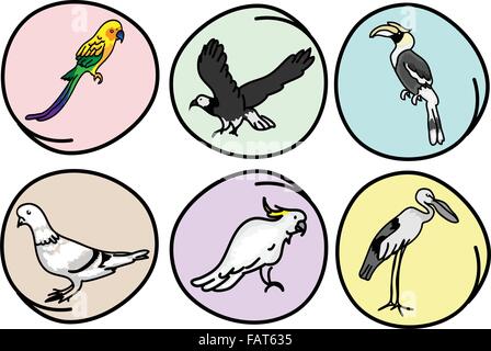 An Illustration Collection of Beautiful Wild Birds, Great Hornbill, Eagle, Pigeons, Parrot, Macaw and Egret on Round Background Stock Vector