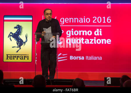 Milano, Italy. 04th Jan, 2016. FCA's chief executive Sergio Marchionne speaks during the Ferrari stock market launch in Milan. Credit:  Mauro Ujetto/Pacific Press/Alamy Live News Stock Photo