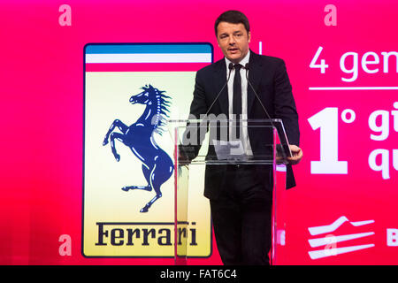 Milano, Italy. 04th Jan, 2016. Matteo Renzi, the Prime Minister of Italy speaks during the ceremony for the lunch of Ferrari in the Milan stock market. Credit:  Mauro Ujetto/Pacific Press/Alamy Live News Stock Photo