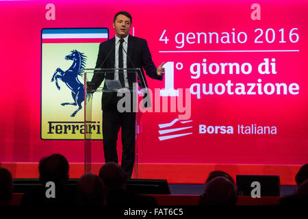 Milano, Italy. 04th Jan, 2016. Matteo Renzi, the Prime Minister of Italy speaks during the ceremony for the lunch of Ferrari in the Milan stock market. Credit:  Mauro Ujetto/Pacific Press/Alamy Live News Stock Photo