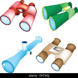 Optical instruments, Red, Green, Blue, and Brown Color of Binoculars Isolated on White Background Stock Vector