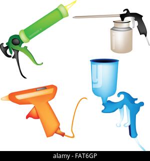 Illustration Collection of Hot Glue Gun, Caulking Gun, Airbrush Painting and Oil Can Isolated on White Background Stock Vector