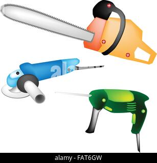 Capenter Tools, Illustration Collection of A Cordless Drill/ Screwdriver, Electric Angle Grinder and Chainsaw for Home Improveme Stock Vector