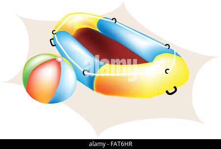 An Illustration of Colorful Beach Ball and Yellow Inflatable Boat or Inflatable Raft on The Beach Stock Vector