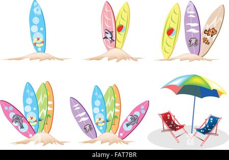 An Illustration Collection of Surfboards with Two Deck Chairs and Colorful Umbrella Isolated on White Backgrounds Stock Vector