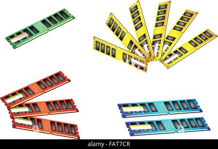 Computer Memory Chips, An Illustration Collection of Colorsful Random Access Memory or RAM in Four Assorted Colours Stock Vector