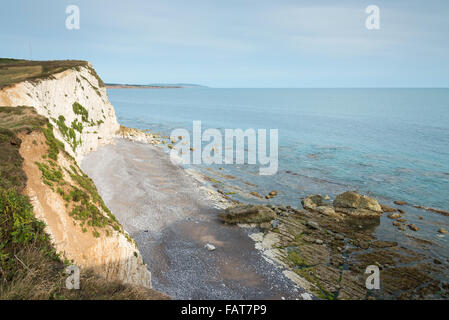 A landscape view of chalk cliffs and the coastline at Tennyson Down on the South coast of the Isle of Wight UK Stock Photo