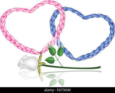 Love Concept, Illustration of Beautiful Pink and Blue Heart Shapes Made of The Rope with A Perfect White Rose Stock Vector