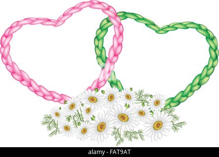 Love Concept, Illustration of Beautiful Pink and Green Heart Shapes Made of The Rope with Daisies or Chamomile Flowers Stock Vector