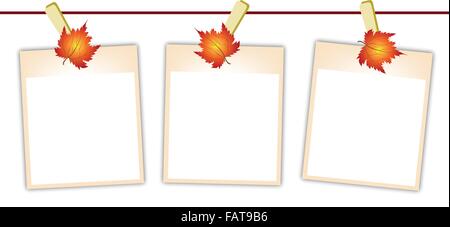 Illustration of Three Blank Instant Photo Prints or Polaroid Frames Hanging on Maple Leaf Clothespins, Isolated on A White Backg Stock Vector