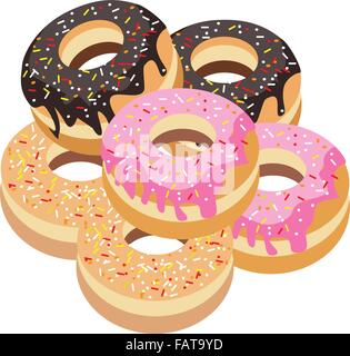 Food and Bakery, An Illustration Stack of Delicious Sweet Donuts with Chocolate, Strawberry and Vanilla Toppings Stock Vector