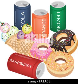 An Illustration of Various Flavours Soft Drink and Soda with Delicious Sweet Donuts and Triple Ice Cream Scoops on Two Cones Stock Vector
