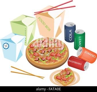 Take Away Restaurants, An Illustration of Take Out Food, Chinese Food Boxs, Pizzas and Soda Drinks Isoleted on White Background Stock Vector
