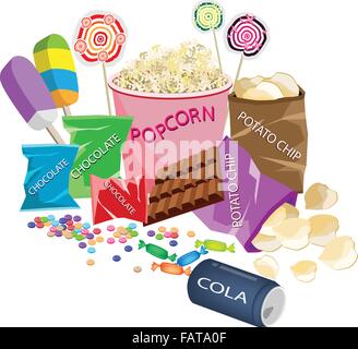 Movie Food, An Illustration of Popcorn, Popsicles, Lollipops, Chocolate Bar, Chocolates Candies, Hard Candies and Potato Chips P Stock Vector