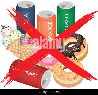 No Fast Food, An Illustration of Forbidden or Prohibition Sign on Different Types of Sweet Food, Soda Drink, Donuts and Ice Crea Stock Vector